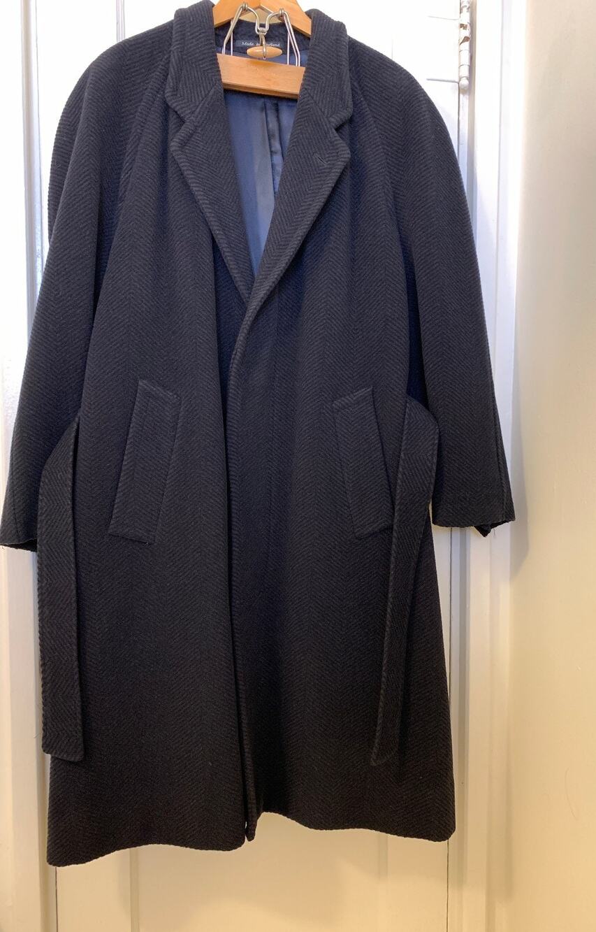 Cecil Gee Raglan Sleeve Overcoat Black Wool Ribbed Belted 48 in chest READ